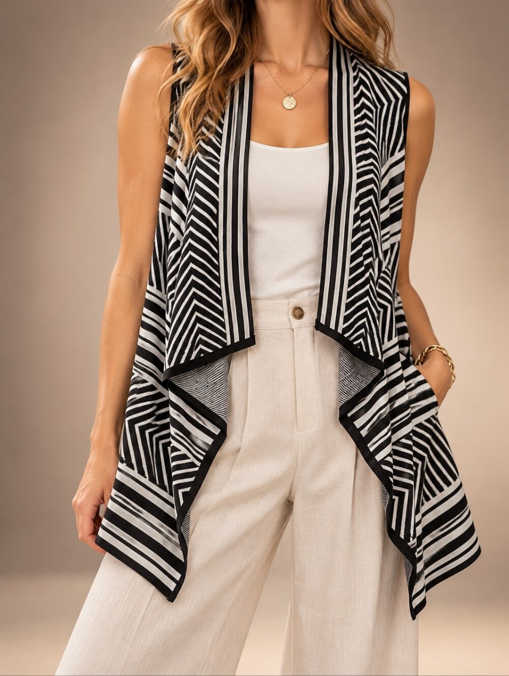 Spense Knits Geometric Waterfall Longline Open Front Cardigan Vest XL